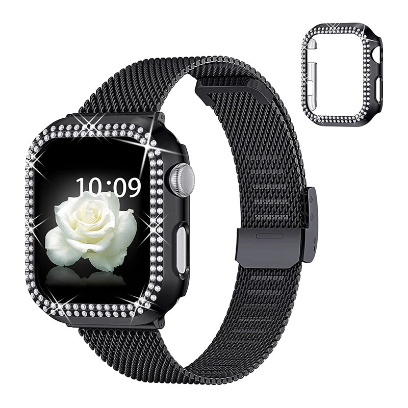 For Apple Watch 4 5 6 SE SE(2022) 40mm Quick Release Watch Strap Metal Milanese Watch Band Replacement Watchband PC Watch Case with Dual Row Rhinestone Decoration For Apple Watch 4 5 6 SE SE(2022) 40mm Quick Release Watch Strap Metal Milanese Watch Band Replacement Watchband PC Watch Case with Dual Row Rhinestone Decoration